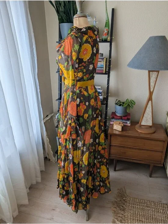 Vintage 60s 70s Floral Hippie Maxi Dress Long Sleeve Witchy Made in USA SM - Picture 5 of 16